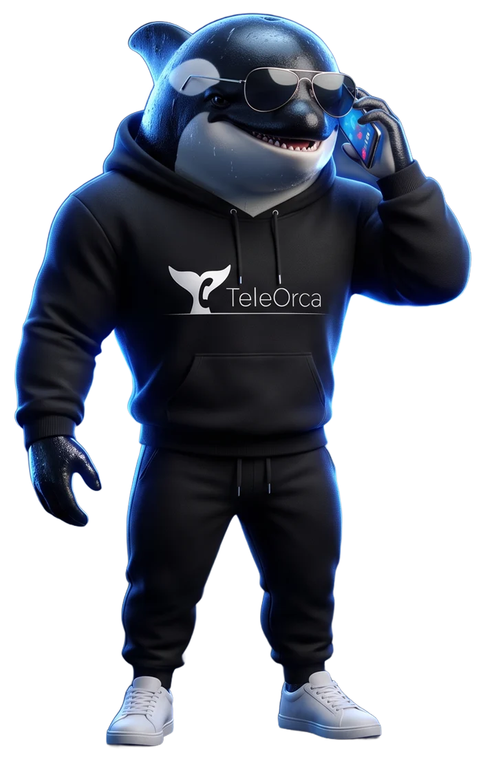 TeleOrcas maskot i hoodie som pratar i mobilen